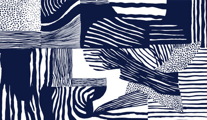 Crafted hand drawn brush lines abstract patchwork and collage pattern, Japanese, ethnic and tribal wood carving, engraving texture background in white and blue, simple and naive graphic for textile