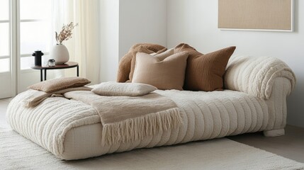 Neutral daybed with textured pillows in calming space