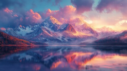Majestic mountain lake at sunrise