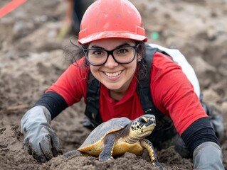 environmental conservation wildlife protection eco-friendly practices. Wildlife biologist tagging turtle hatchlings for coastal habitat study