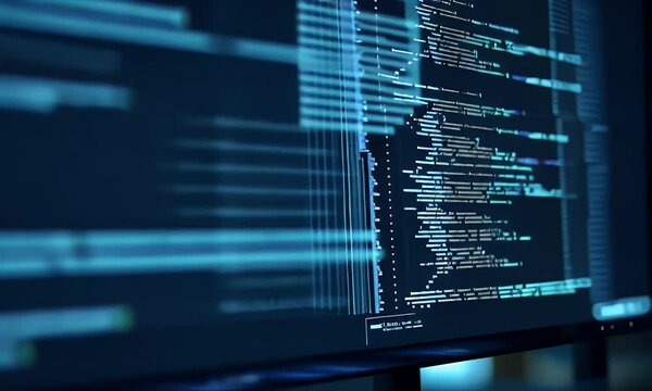  A close-up of an advanced computer screen displaying complex code, with blue and white lines representing data flow. The background is dark to highlight the glowing screen saver effect on display.