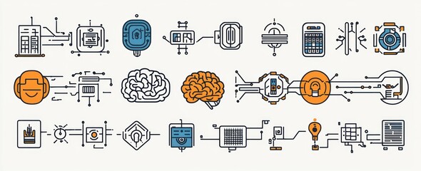 Collection of colorful and outlined technology and brain-related vector icons interconnected with lines symbolizing artificial intelligence and digital concepts