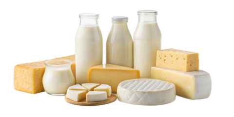 Assortment of Dairy Products: Milk Bottles, Yogurt, and Various Cheeses