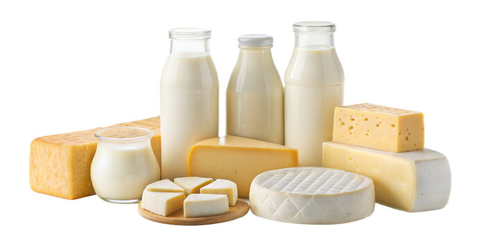 Assortment of Dairy Products: Milk Bottles, Yogurt, and Various Cheeses