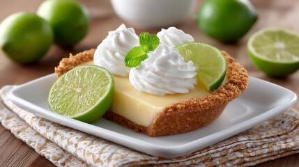 key lime pie with a tangy lime filling and a graham cracker crust, refreshing tropical dessert,