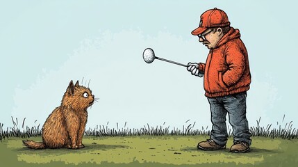 Man training cat with golf club