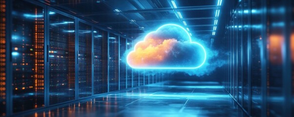 Glowing digital cloud icon floating in a futuristic server room illuminated by blue and orange lights, symbolizing data storage and cloud computing