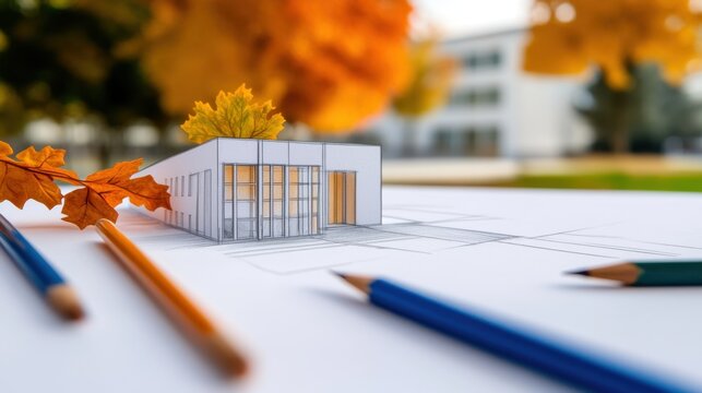 Architectural sketch in progress with creative colorful background and fall nature elements