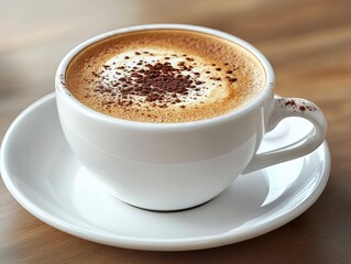 Fototapeta premium Close-up of a white ceramic cup filled with frothy cappuccino topped with cocoa powder on a matching white saucer, placed on a wooden table