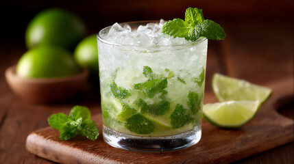 Fototapeta premium classic mojito in a glass with muddled mint, lime, sugar, rum, and soda, refreshing cuban cocktail,