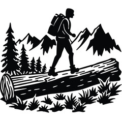 Silhouette of Hikers Crossing Fallen Log in Wilderness Landscape
