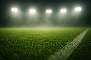 Fototapeta premium Illuminated soccer field under stadium lights with foggy atmosphere