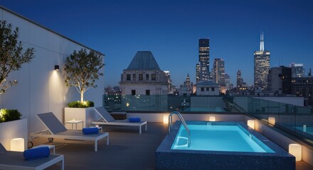 Fototapeta premium Rooftop pool with city view at twilight. Modern design, luxury amenities