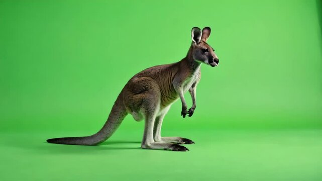 Green background kangaroo standing tall in side profile view. 