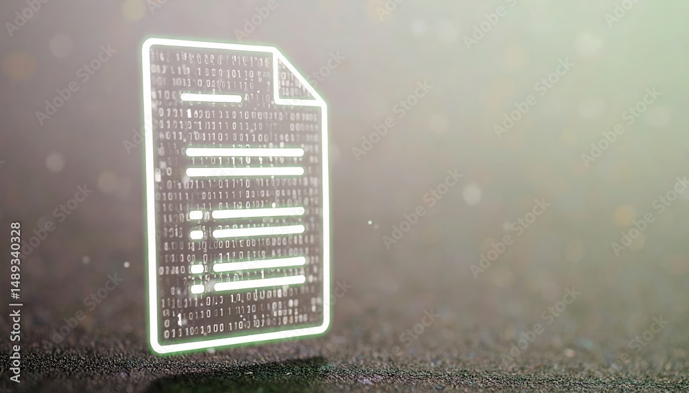 Poster file with a green glow featuring digital document icon and rotating encrypted status tags activating
