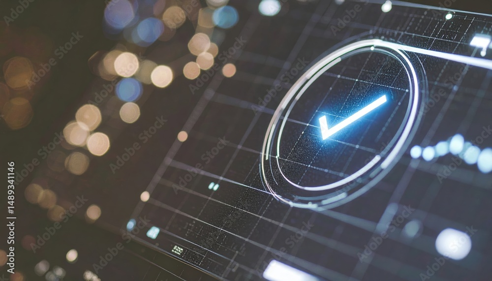 Poster computer screen displaying clock with holographic elements and animated checkmarks for data tracking