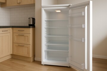 Fototapeta premium Open refrigerator, revealing its clean, empty interior, standing in a modern, well-lit kitchen area.