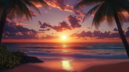 Tranquil tropical beach at sunset with calm ocean waves, vibrant orange and purple sky, silhouetted palm trees framing the scene, and peaceful atmosphere