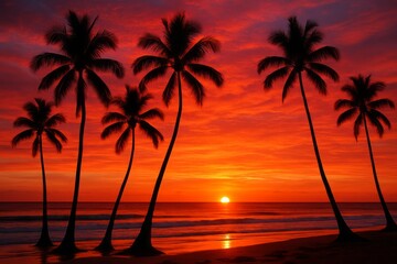 Fiery sunset bathes a tropical beach with silhouetted palm trees in rich, warm, vibrant hues.