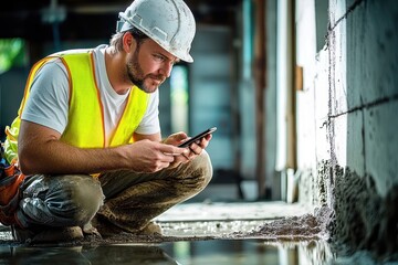 focused construction worker wearing a helmet and high-visibility vest crouching on a muddy floor inside an unfinished building and using a smartphone