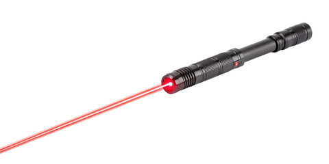 Powerful red laser pointer demonstrating a focused beam on a grey background transparent background Generative AI