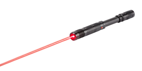 Powerful red laser pointer demonstrating a focused beam on a grey background transparent background Generative AI