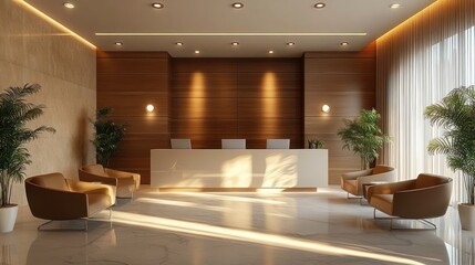 Modern reception area with white desk, four beige chairs, wooden wall panels, large windows with sheer curtains, and natural light casting shadows on polished marble floor