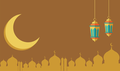 Elegant Islamic Background Vector - Crescent Moon, Lanterns, and Mosque Silhouette