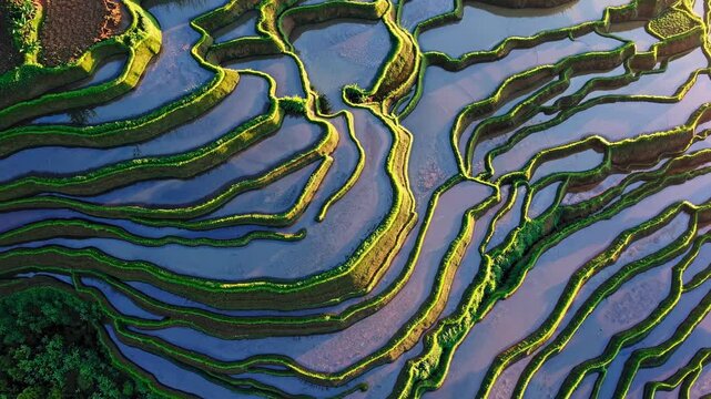 Stunning aerial view of yuanyang rice terraces in yunnan, china, reflecting the colorful sunset sky