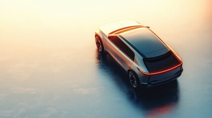 Sleek silver futuristic electric SUV parked on smooth reflective surface during golden hour with soft ambient light