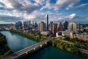 Obraz premium Austin Skyline Aerial View, Colorado River, Modern Skyscrapers, Texas Scenery