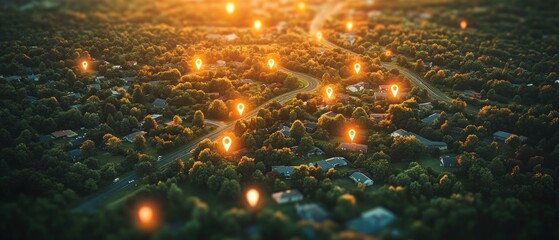 Aerial view of a suburban neighborhood at sunset with numerous glowing location markers scattered above houses and tree-lined streets, conveying a sense of connectivity and navigation