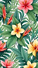 A seamless pattern of hand-drawn tropical leaves and exotic flowers in vibrant colors, perfect for summer-themed fabrics or wallpapers.

