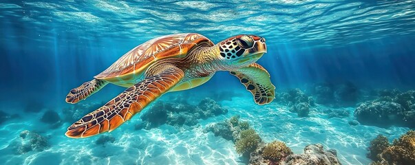 Obraz premium Close-up underwater view of a vibrant sea turtle swimming over a coral reef in clear blue ocean water with sunlight streaming through the surface