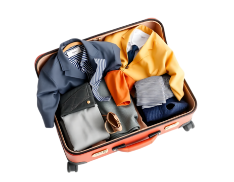 Suitcase packed with travel essentials and stylish clothing