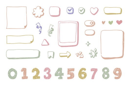 Hand drawn doodle frames, banners, buttons, hearts, numbers vector illustrations