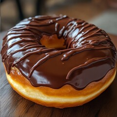 Chocolate Donut: Indulge in the exquisite allure of a chocolate-glazed donut, capturing the tempting swirl of rich chocolate atop a freshly baked golden treat.