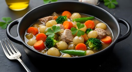 Delicious Irish Stew with Fresh Vegetables and Clover Garnish