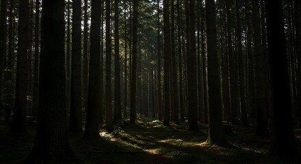 Obraz premium Dark Forest Surrounded by Abundant Trees and Soft Sunlight Streams