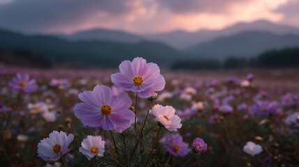 Fototapeta premium Dreamy cosmos flowers in soft light near mountains