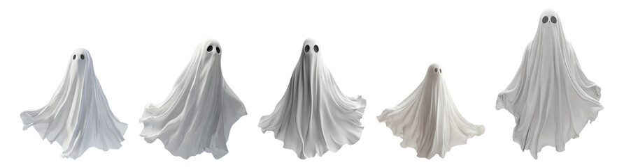 Playful Ghost Characters in Various Poses Isolated on White Background, Isolated on Transparent, white background