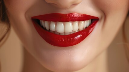 Fototapeta premium Closeup of a Woman s Smile with Bright Red Lipstick