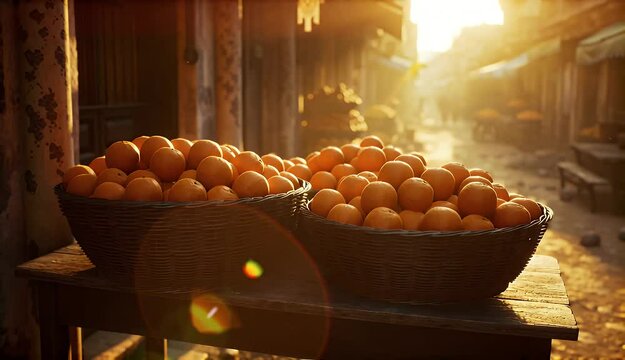Oranges in baskets at a market stall.