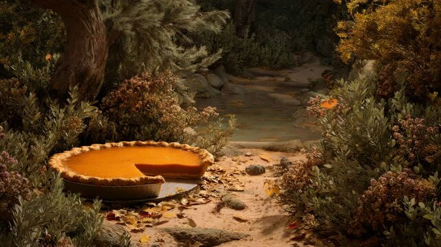 A slice is missing from a pumpkin pie sitting on a sandy path beside a stream in a forest. Autumn leaves and foliage surround the pie. Soft, natural lighting.