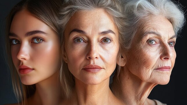 Close-up portrait of three women at different ages showing natural beauty and facial features with serious expressions against dark background