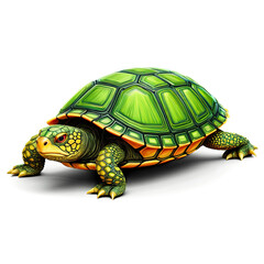 Obraz premium Stylized turtle with a bright green shell and red eyes stares forward intensely on black
