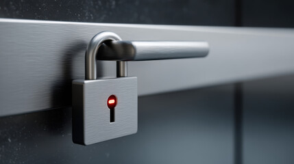 Close up of metallic door handle with padlock and red indicator light, indicating door is locked