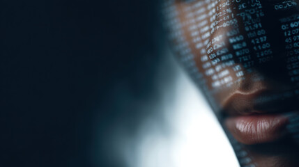 Close up of person face with digital data overlay, emphasizing cybersecurity and data protection