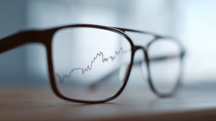 Close up of eyeglasses with financial chart reflected lens, showing stock market