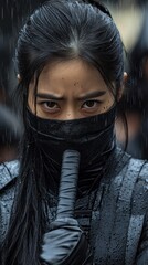 Female warrior in rain holding sword dark moody portrait action fantasy